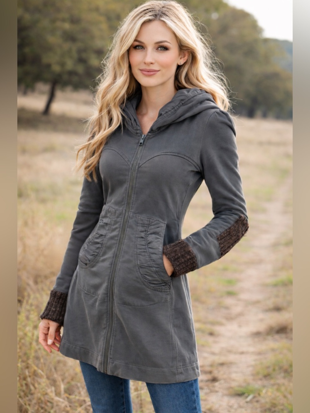 Prairie Underground Distressed Gray Hoodie Cloak XS Organic Cotton Zip Up Coat